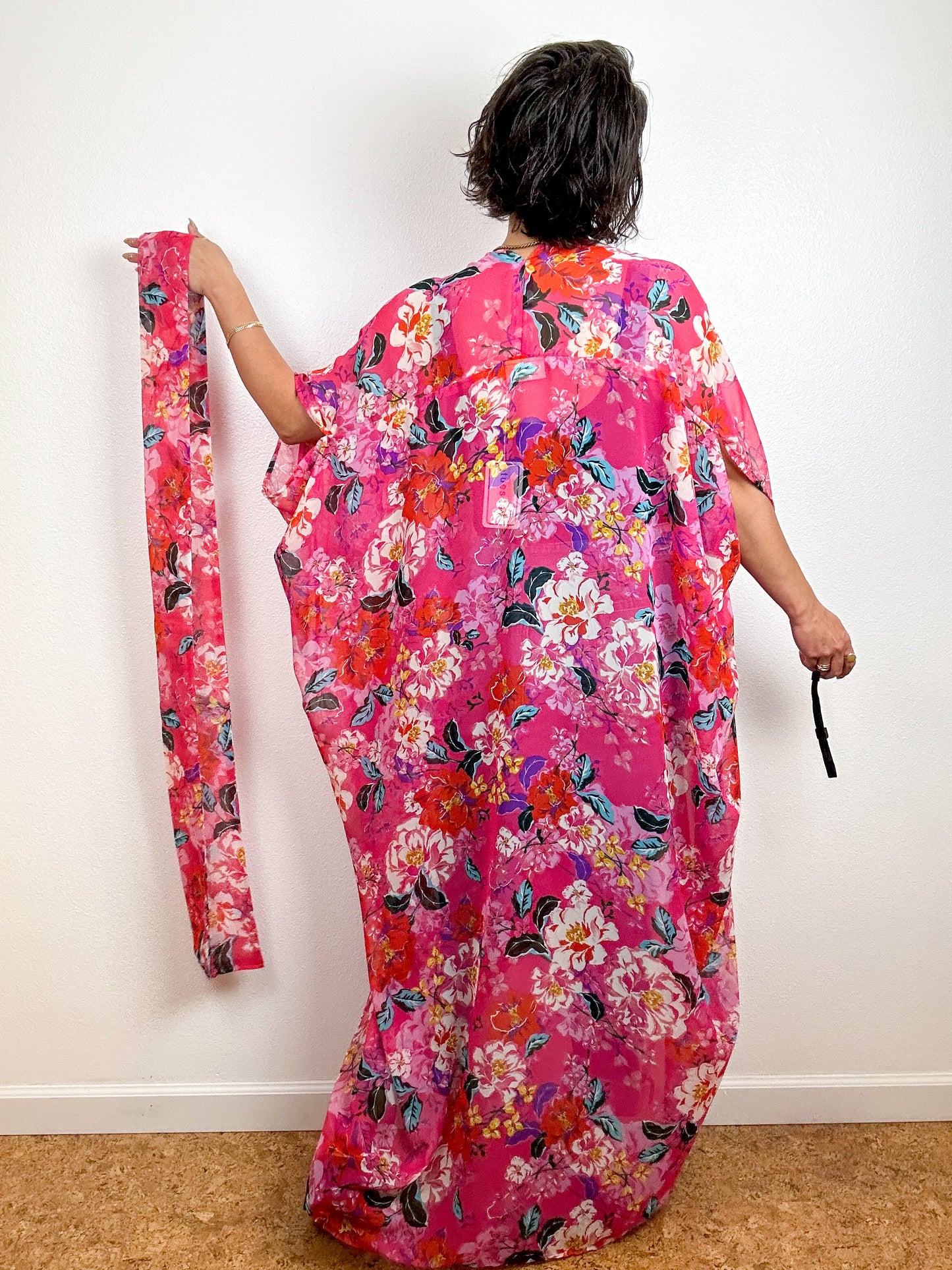 Print High Low Kimono Fuchsia Peony Chiffon