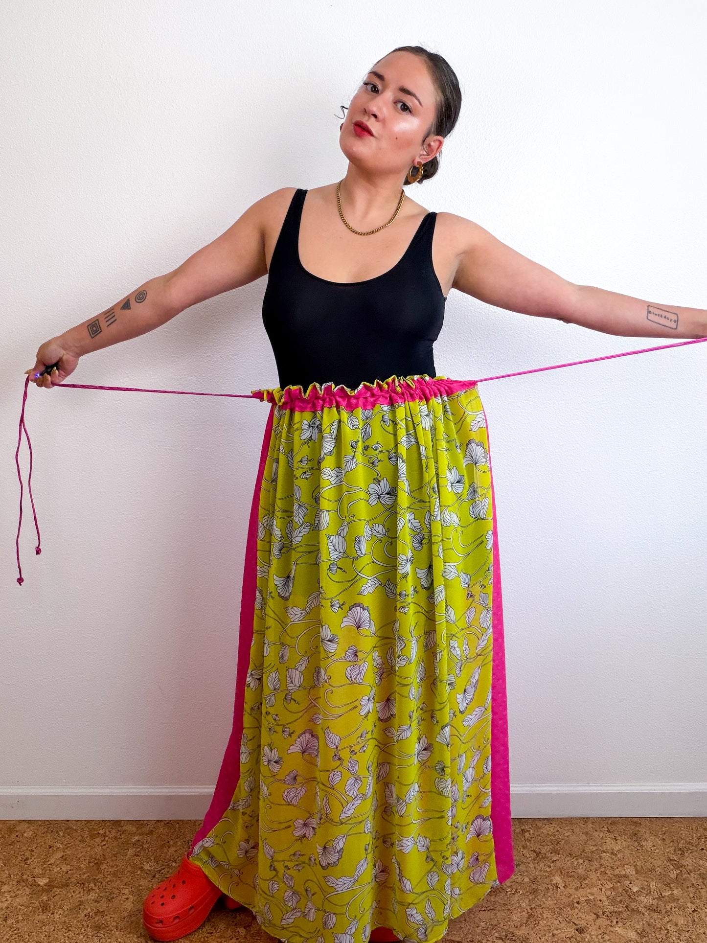 THE SKIRT Yellow Floral Fuchsia Swiss Dot Reversible Chiffon