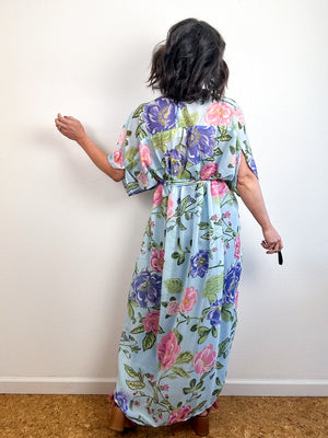 Print High Low Kimono Aqua Pink Floral Chiffon