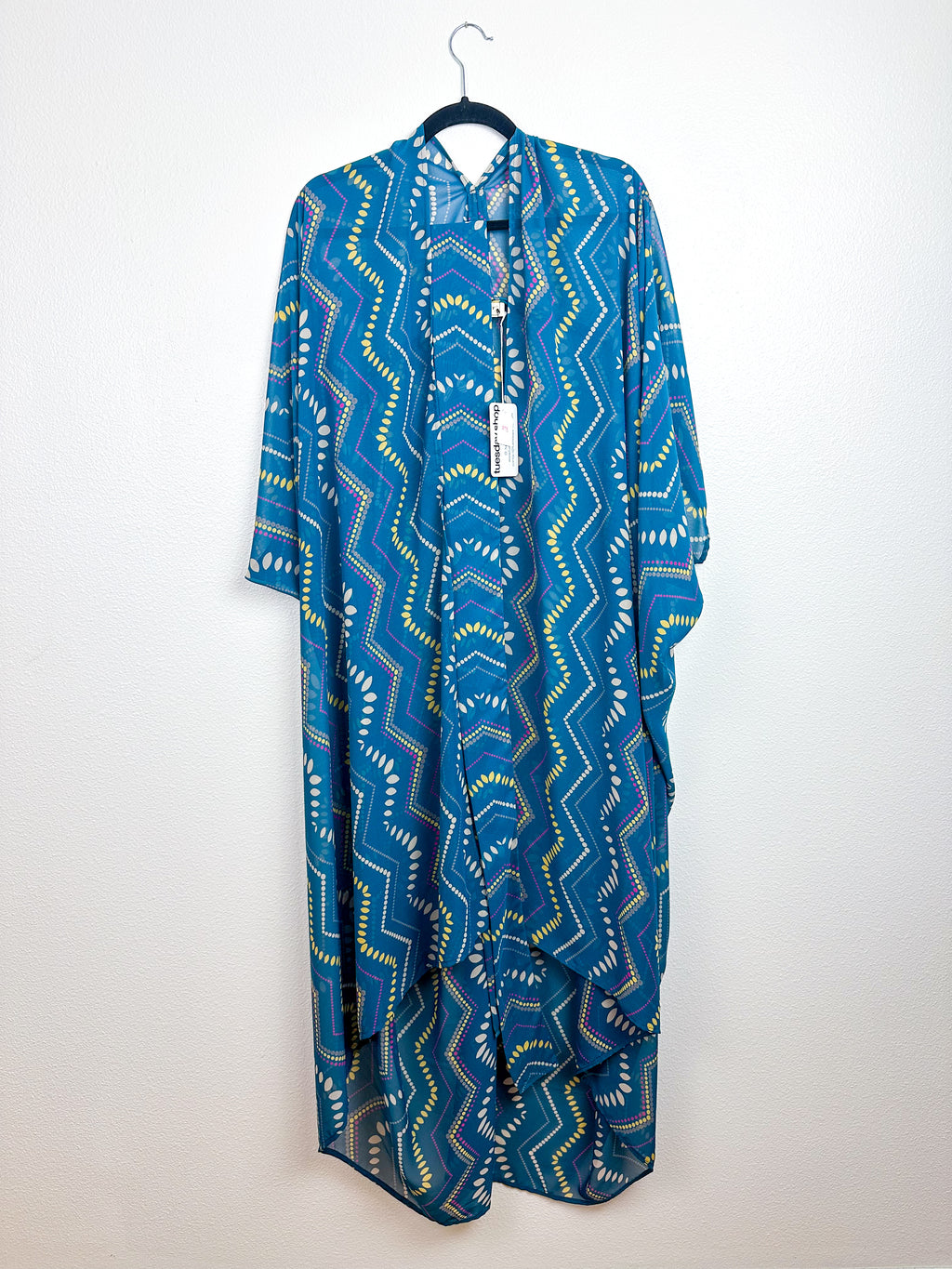 Print High Low Kimono Teal Chevron Chiffon