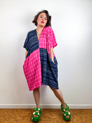 Oversized Windowpane Seersucker Smock Dress Pink Navy