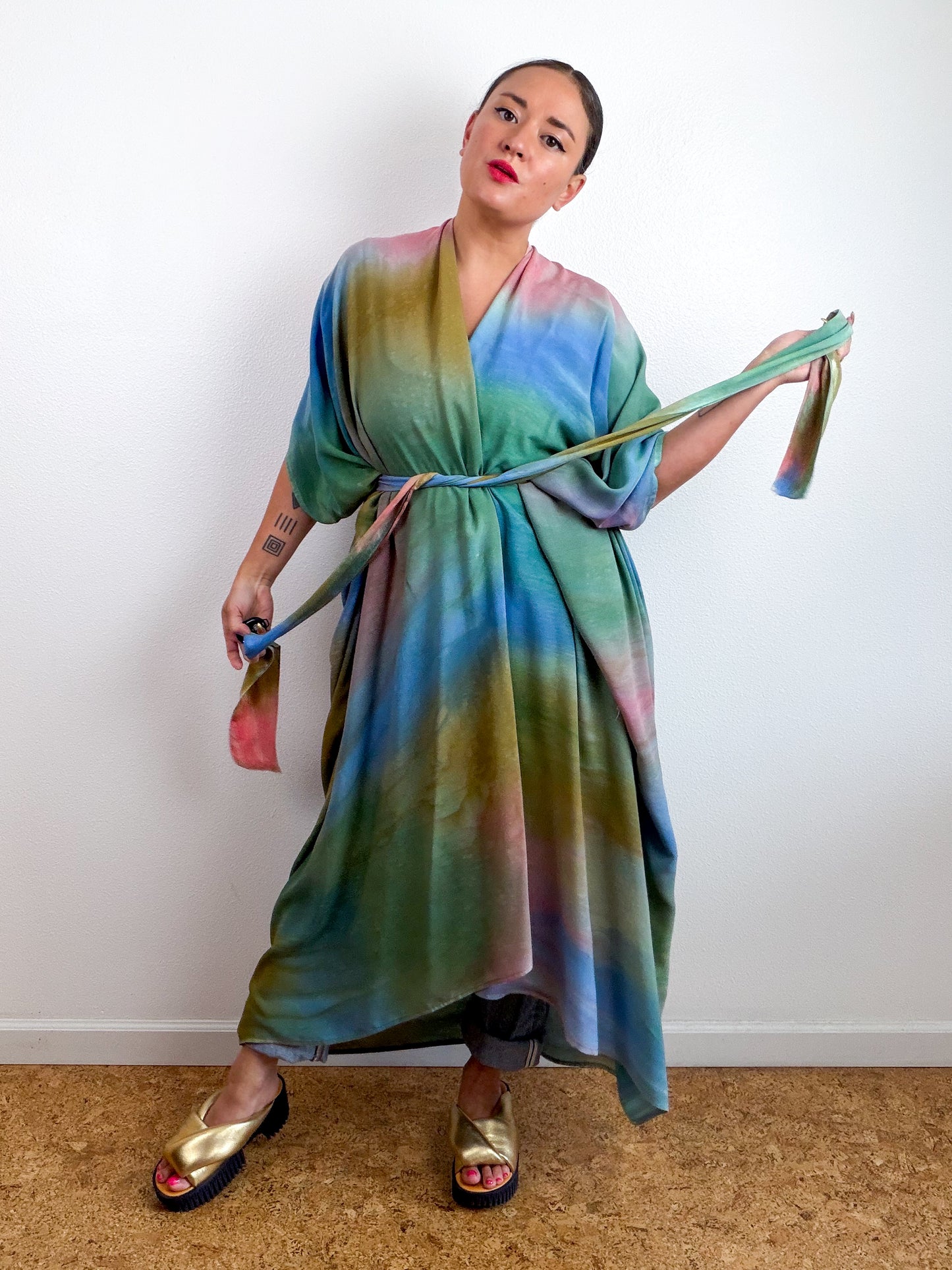 Hand-Dyed High Low Kimono Blue Green Bronze Coral Aura