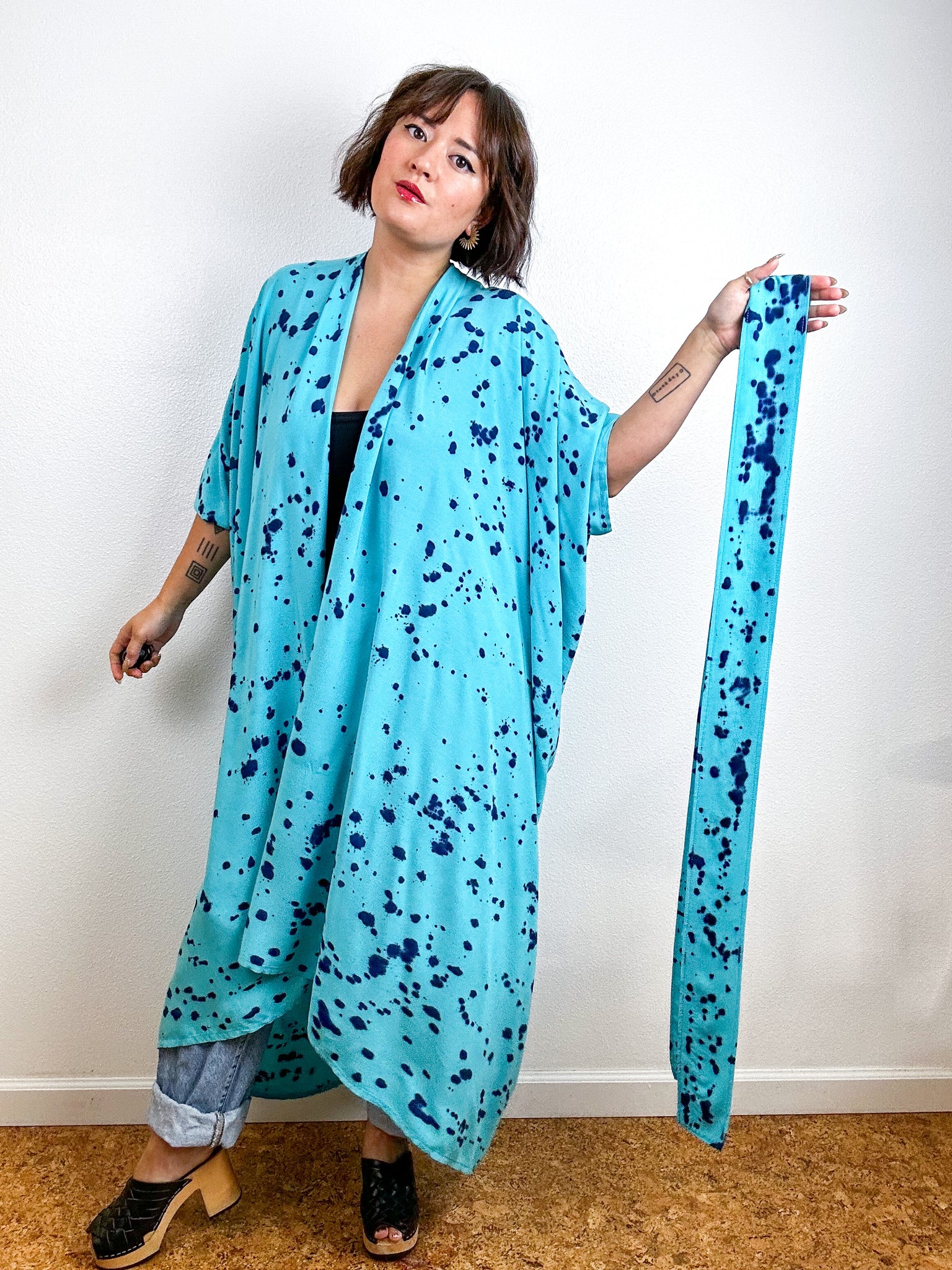 Hand-Dyed High Low Kimono Aqua Indigo Speckle