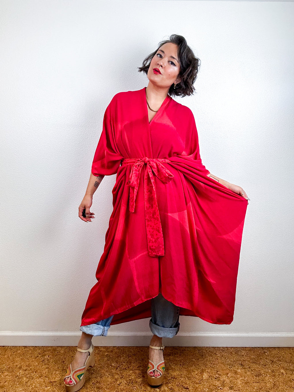 Hand-Dyed High Low Kimono Scarlet Fuchsia Arc