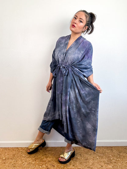 Hand-Dyed High Low Kimono Wisteria Grey Watercolor