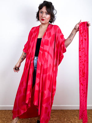 Hand-Dyed High Low Kimono Fushia Red Doodle