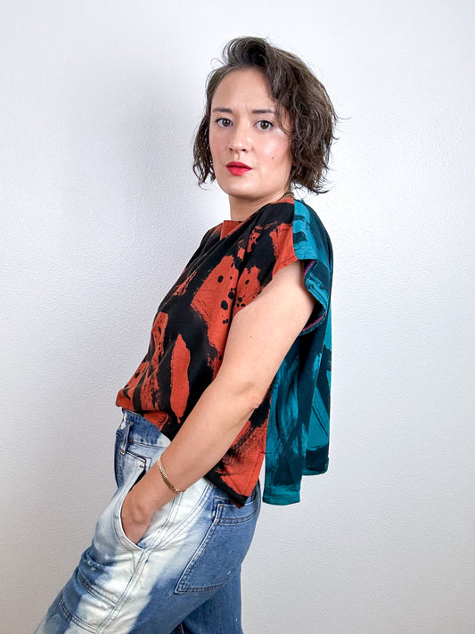 Hand-Dyed Linen Blend Flip Crop Teal Rust Sumi