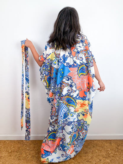 Print High Low Kimono Orange Turquoise Paisley Bubble Crepe