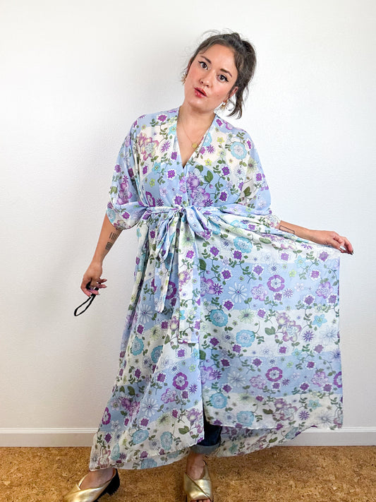 Print High Low Kimono Lavender Blue Floral Stripe Crinkle Chiffon