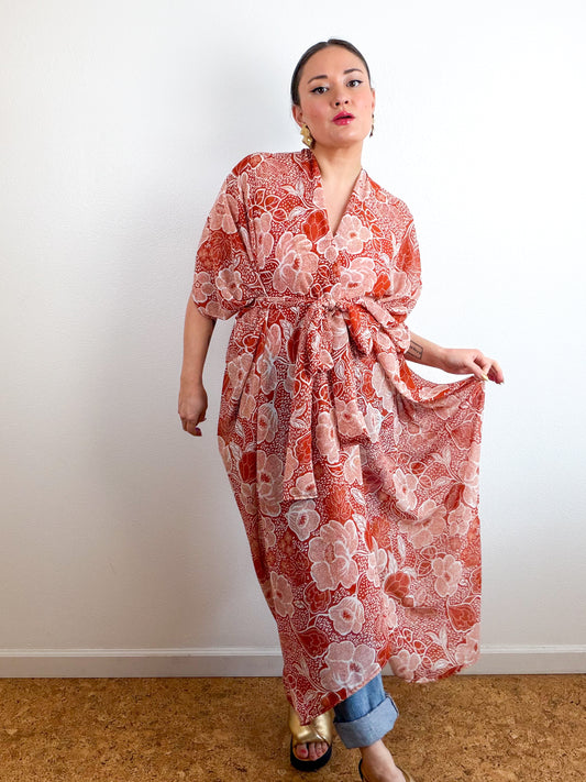 Print High Low Kimono Rust Floral Chiffon