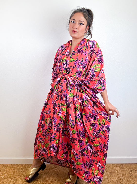 Print High Low Kimono Bright Coral Floral Challis