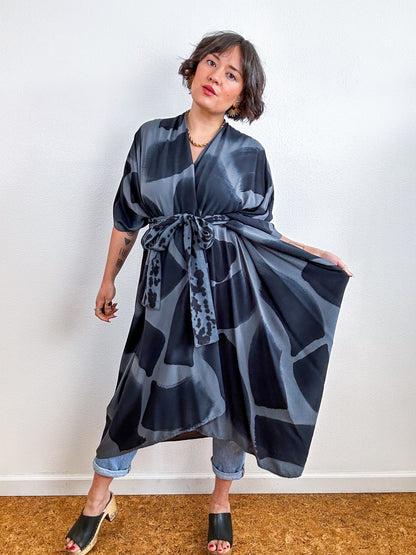 Hand-Dyed High Low Kimono Charcoal Black Brush