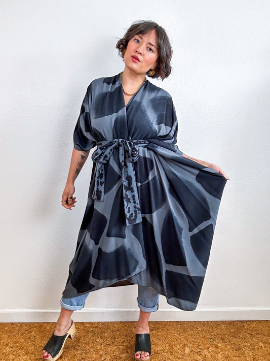 Hand-Dyed High Low Kimono Charcoal Black Brush