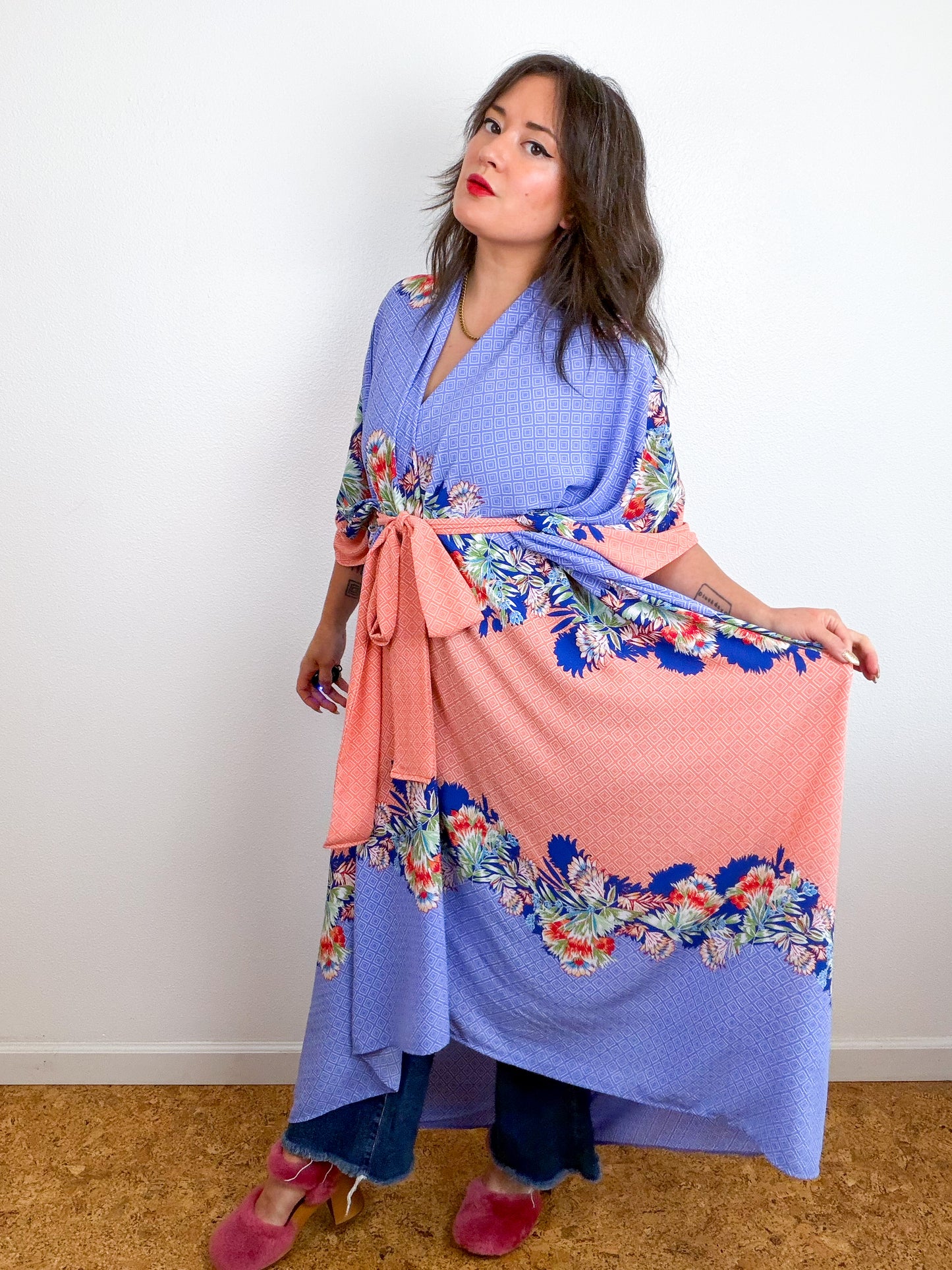 Print High Low Kimono Peach Blue Layered Tropical Bubble Crepe