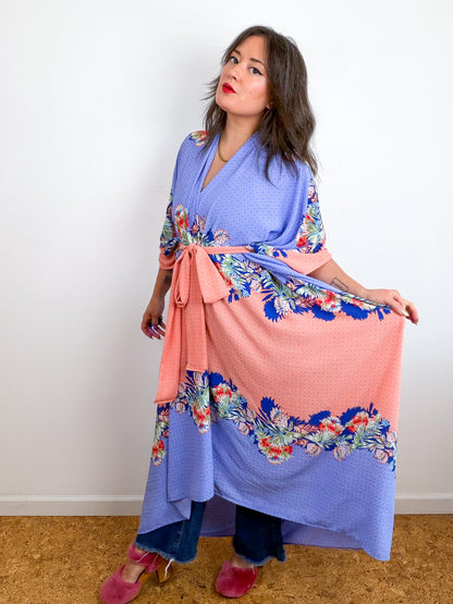 Print High Low Kimono Peach Blue Layered Tropical Bubble Crepe