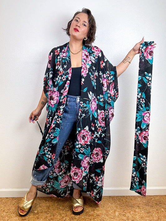 Print High Low Kimono Black Pink Floral Chiffon