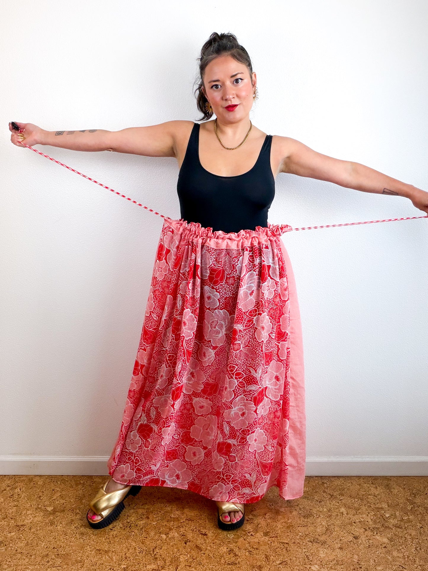 THE SKIRT Coral Crinkle Red Floral Reversible Chiffon