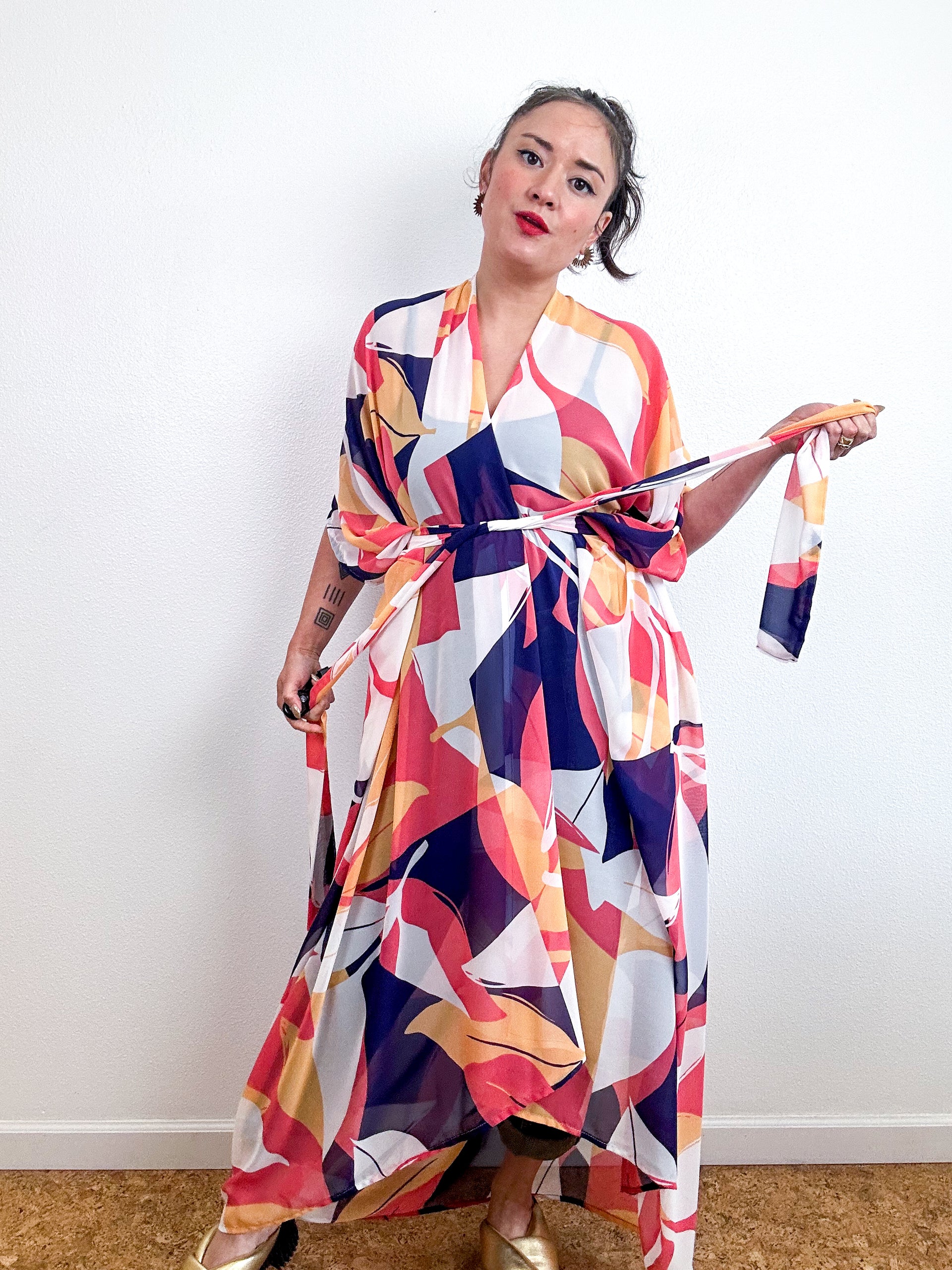 Print High Low Kimono Multicolor Large Leaves Chiffon