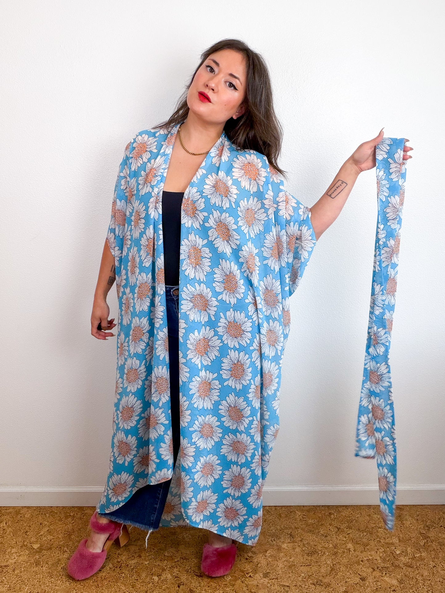 Print High Low Kimono Turquoise Daisy Chiffon