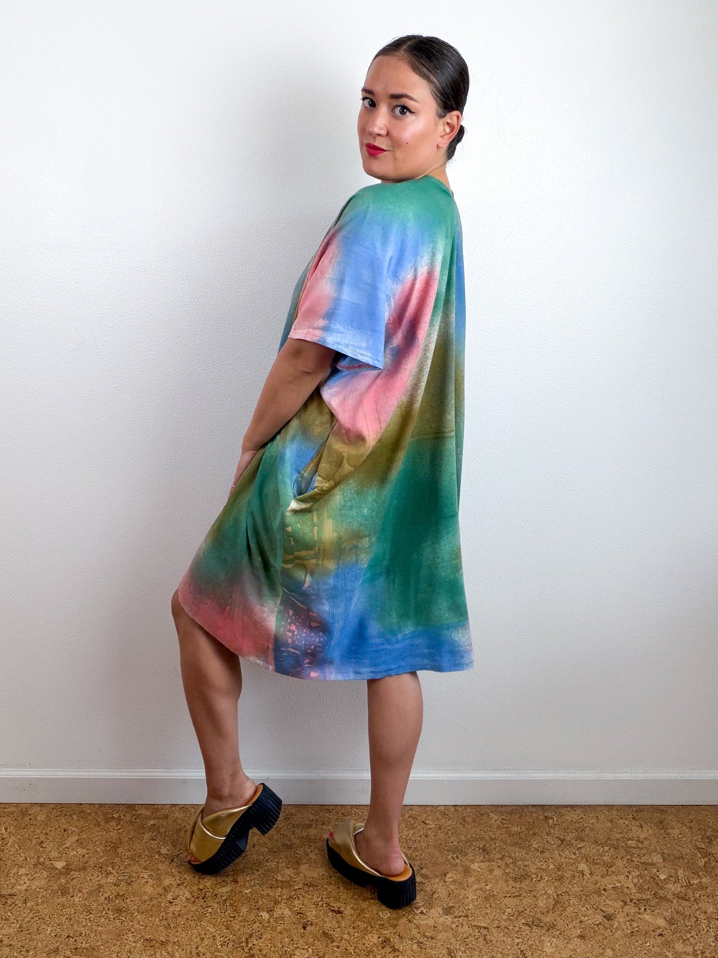 Hand-Dyed Linen Blend Caftan Dress Blue Green Bronze Coral Aura