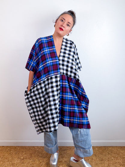 Plaid Flannel Caftan Dress Black White Jewel