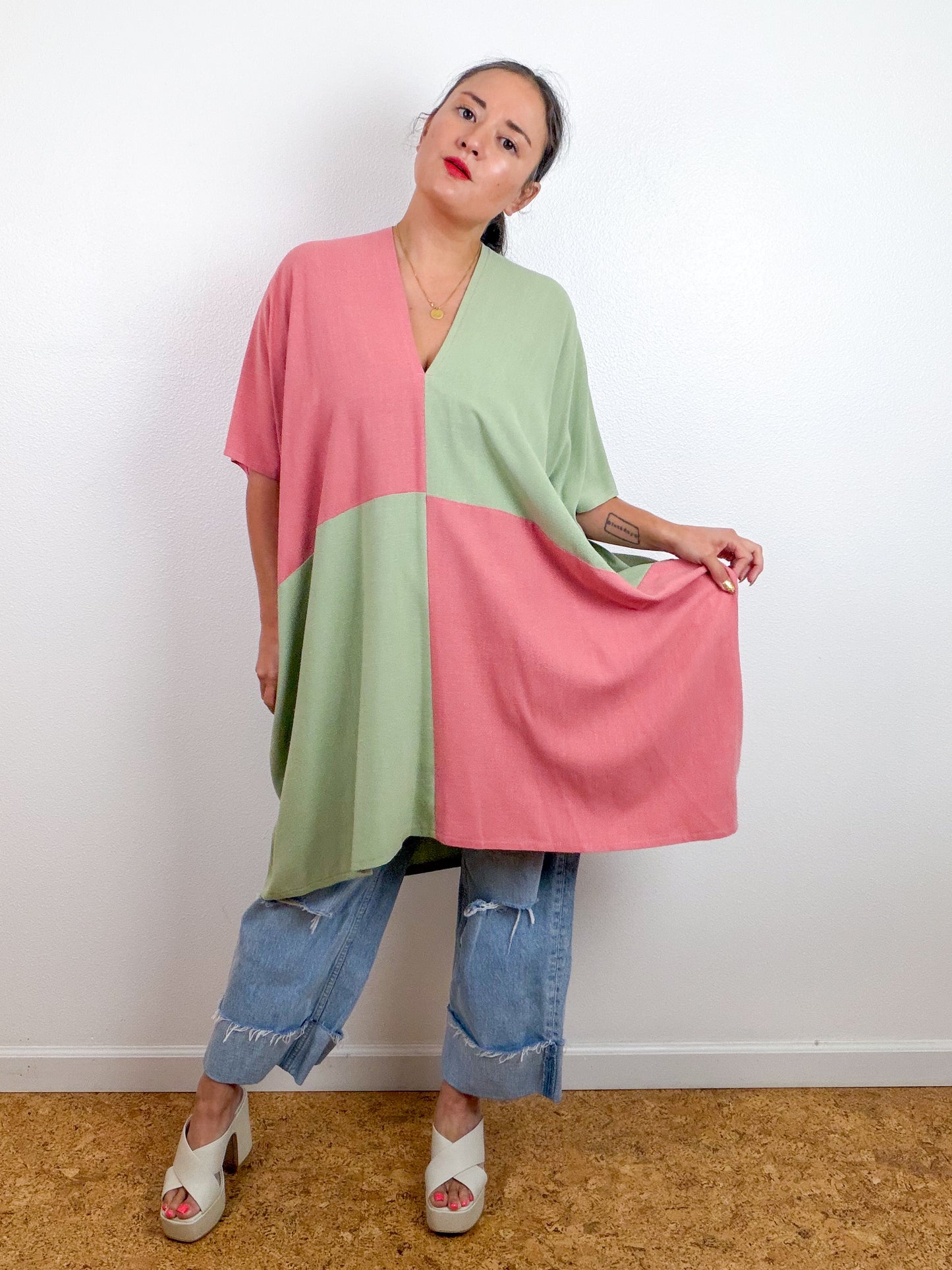 Linen Blend Caftan Dress Mauve Sage Color Block