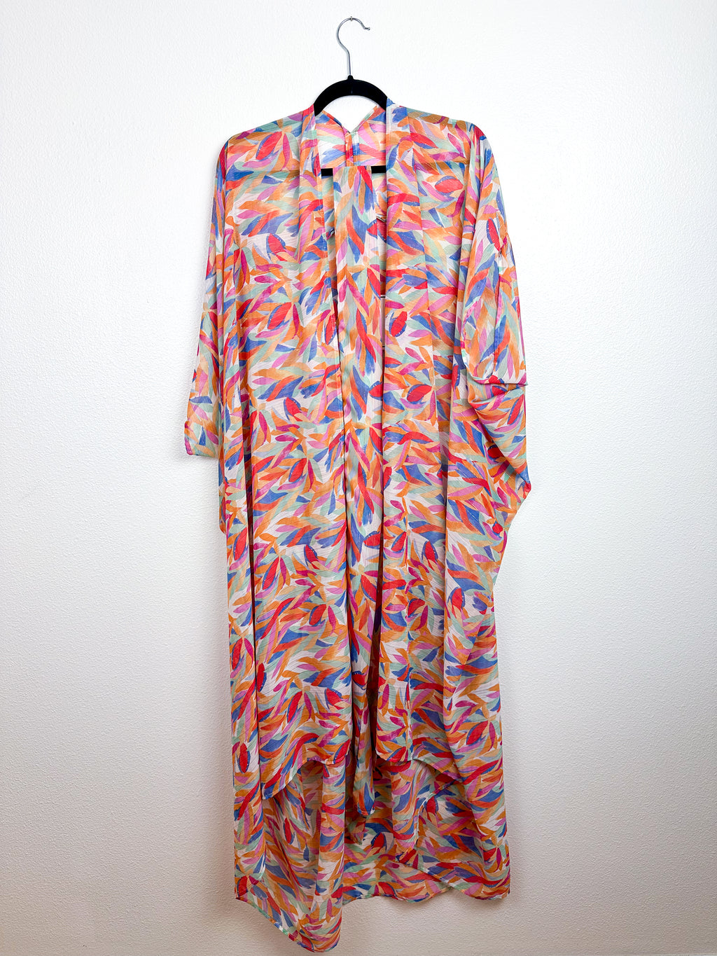 Print High Low Kimono Pastel Metallic Petals Crinkle Chiffon