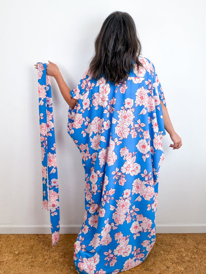 Print High Low Kimono Turquoise Orange Floral Bubble Crepe