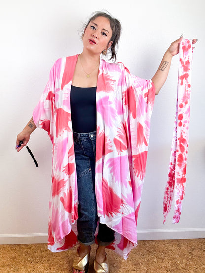 Hand-Dyed High Low Kimono Pink Scarlet Palms