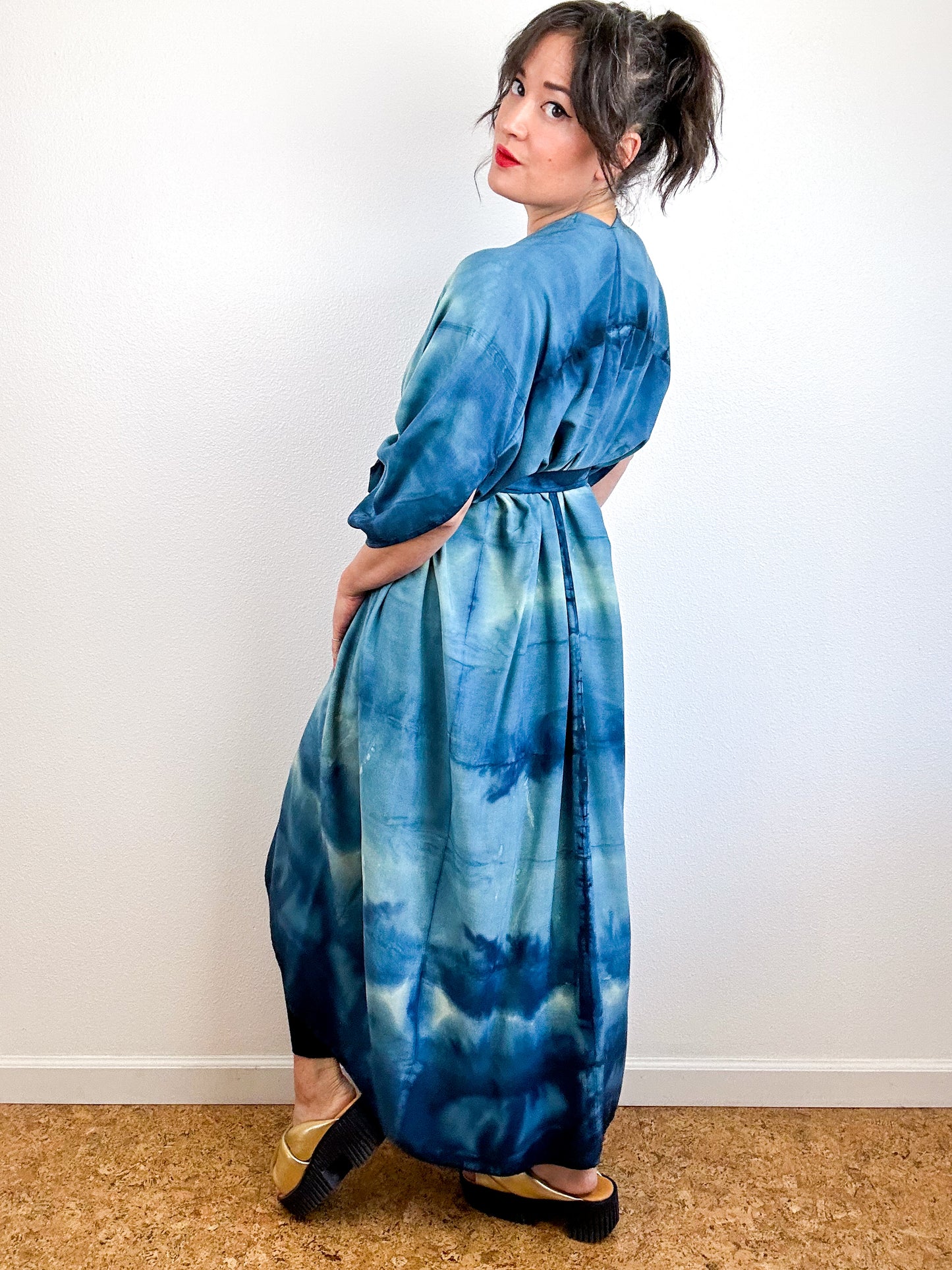 Hand-Dyed High Low Kimono Teal Watercolor