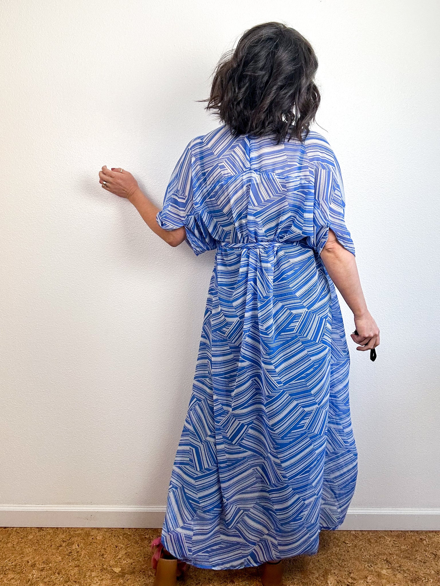 Print High Low Kimono Blue Lines Chiffon