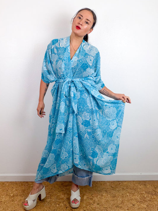 Print High Low Kimono Turquoise Floral Chiffon