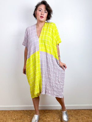 Oversized Windowpane Seersucker Smock Dress Rose Citron