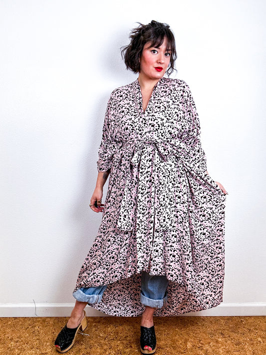 Print High Low Kimono Blush Leopard Challis