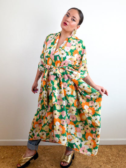 Print High Low Kimono Green Orange Floral Crinkle Challis