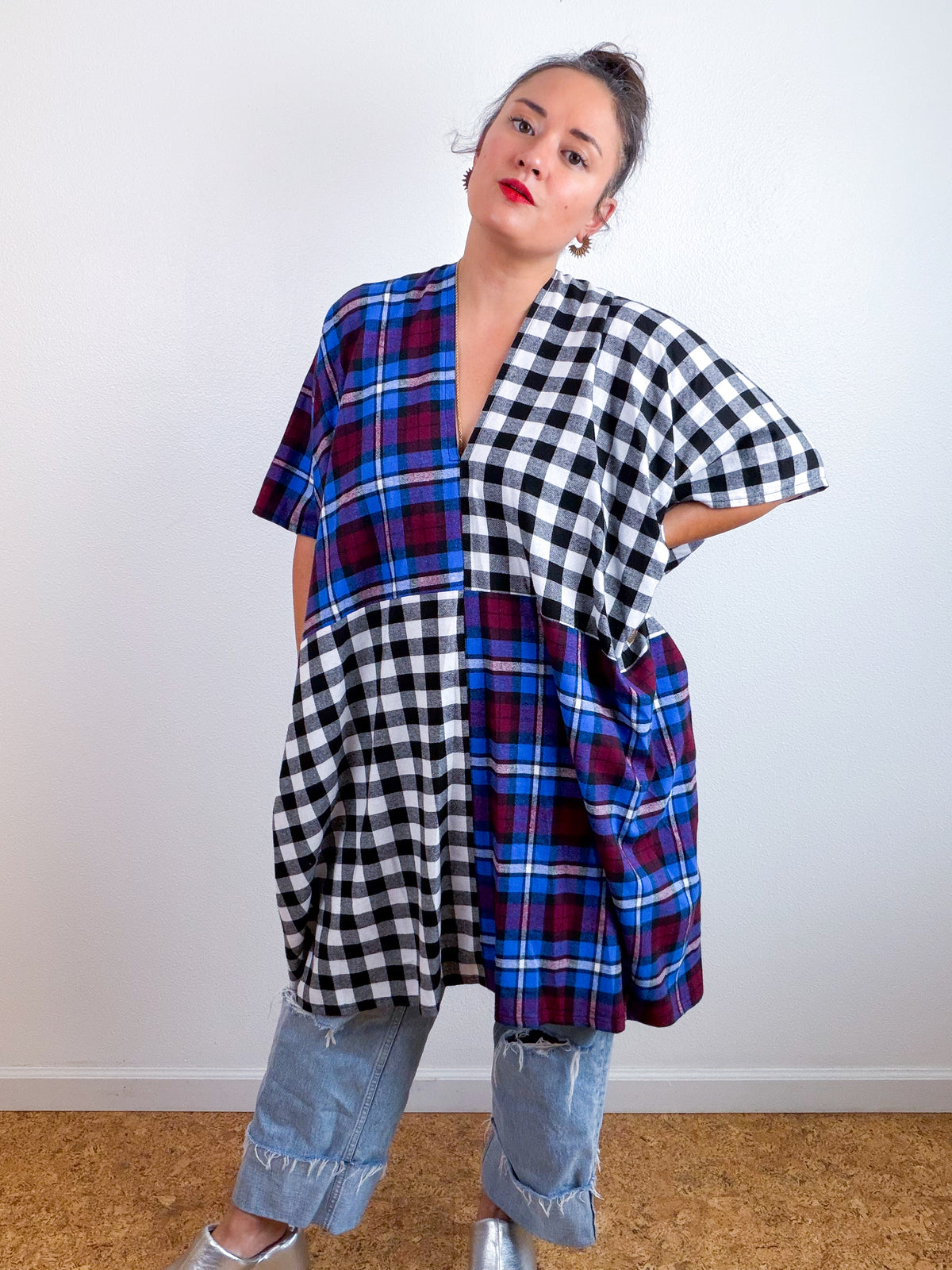 Plaid Flannel Caftan Dress Black White Jewel