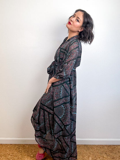 Print High Low Kimono Black Magenta Geo Chiffon