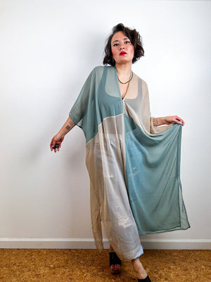 SILK Color Block Midi Caftan Dress Fawn Sage