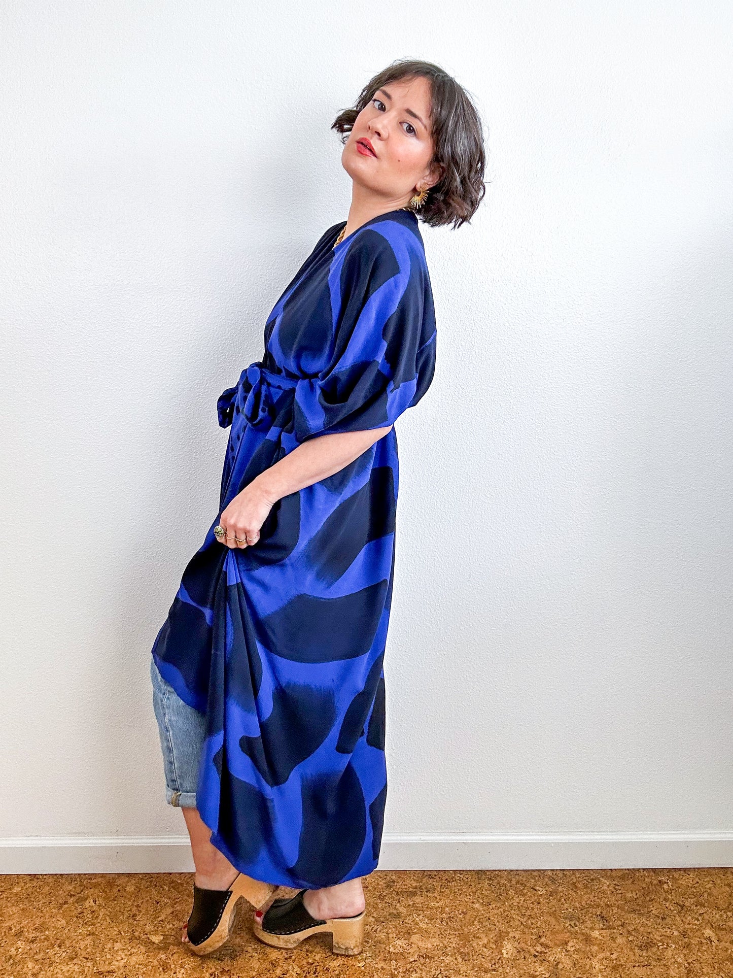Hand-Dyed High Low Kimono Royal Black Brush