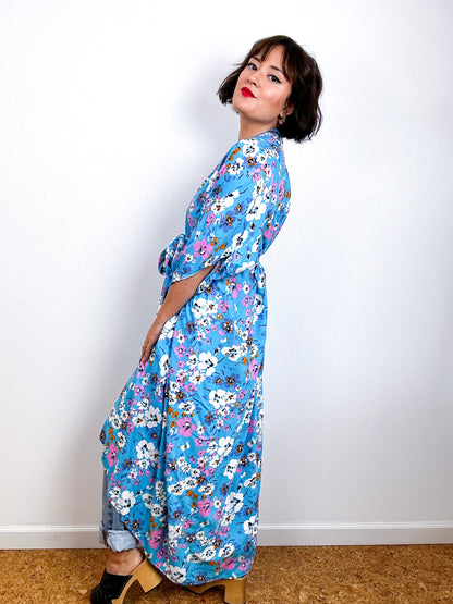 Print High Low Kimono Turquoise Floral Challis