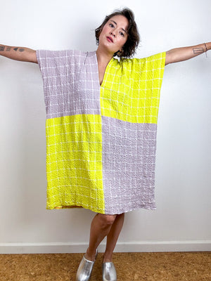 Oversized Windowpane Seersucker Smock Dress Rose Citron