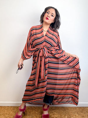 Print High Low Kimono Peachy Stripes Chiffon