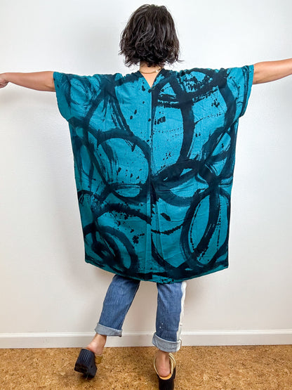 Oversized Hand-Dyed Linen Blend Smock Dress Teal Sumi