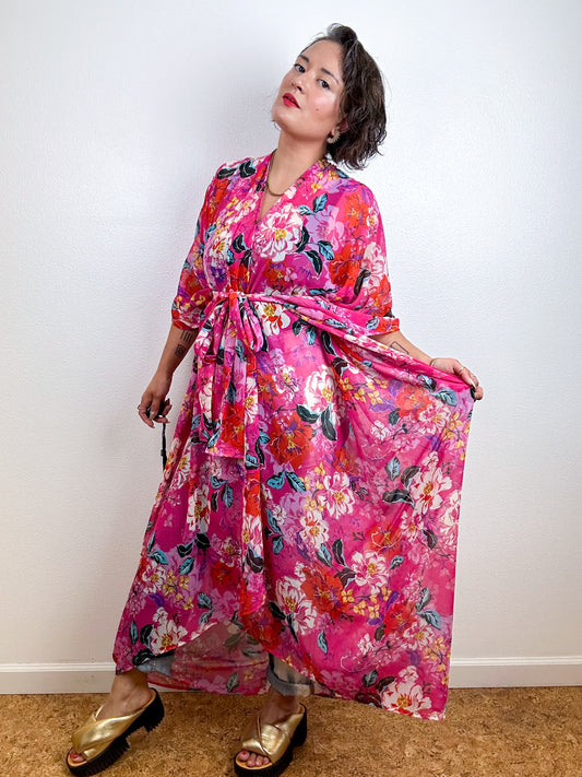 Print High Low Kimono Fuchsia Peony Chiffon
