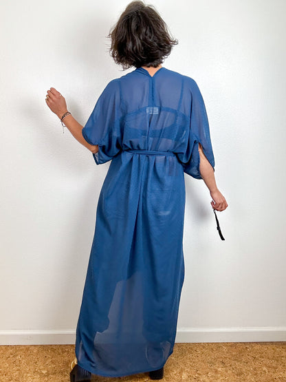 Solid High Low Kimono Slate Blue Dot Chiffon