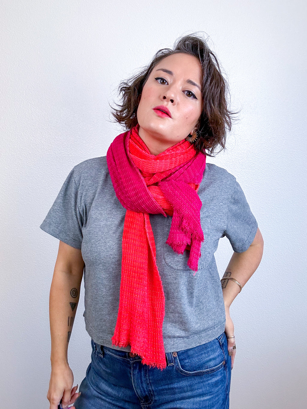 Hand-Dyed Two Tone Knit Scarf Fuchsia Scarlet