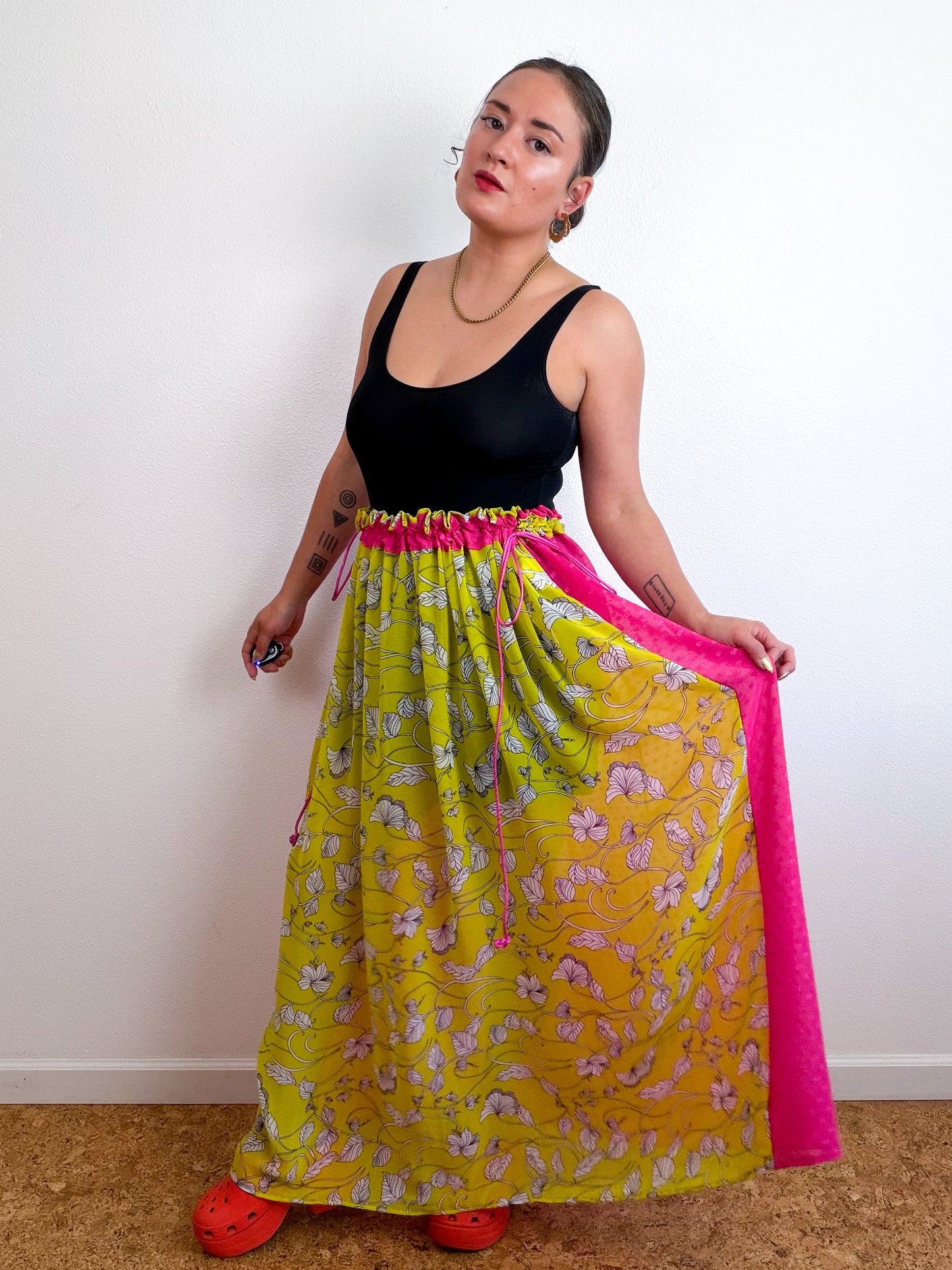 THE SKIRT Yellow Floral Fuchsia Swiss Dot Reversible Chiffon