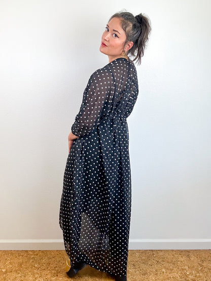 Print High Low Kimono Black Polka Dots Chiffon