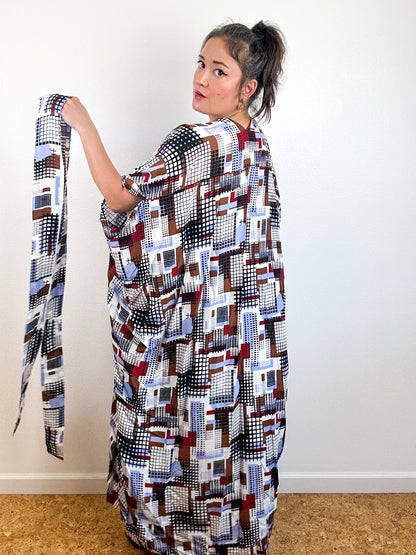 Print High Low Kimono Blue Maroon Grid Challis