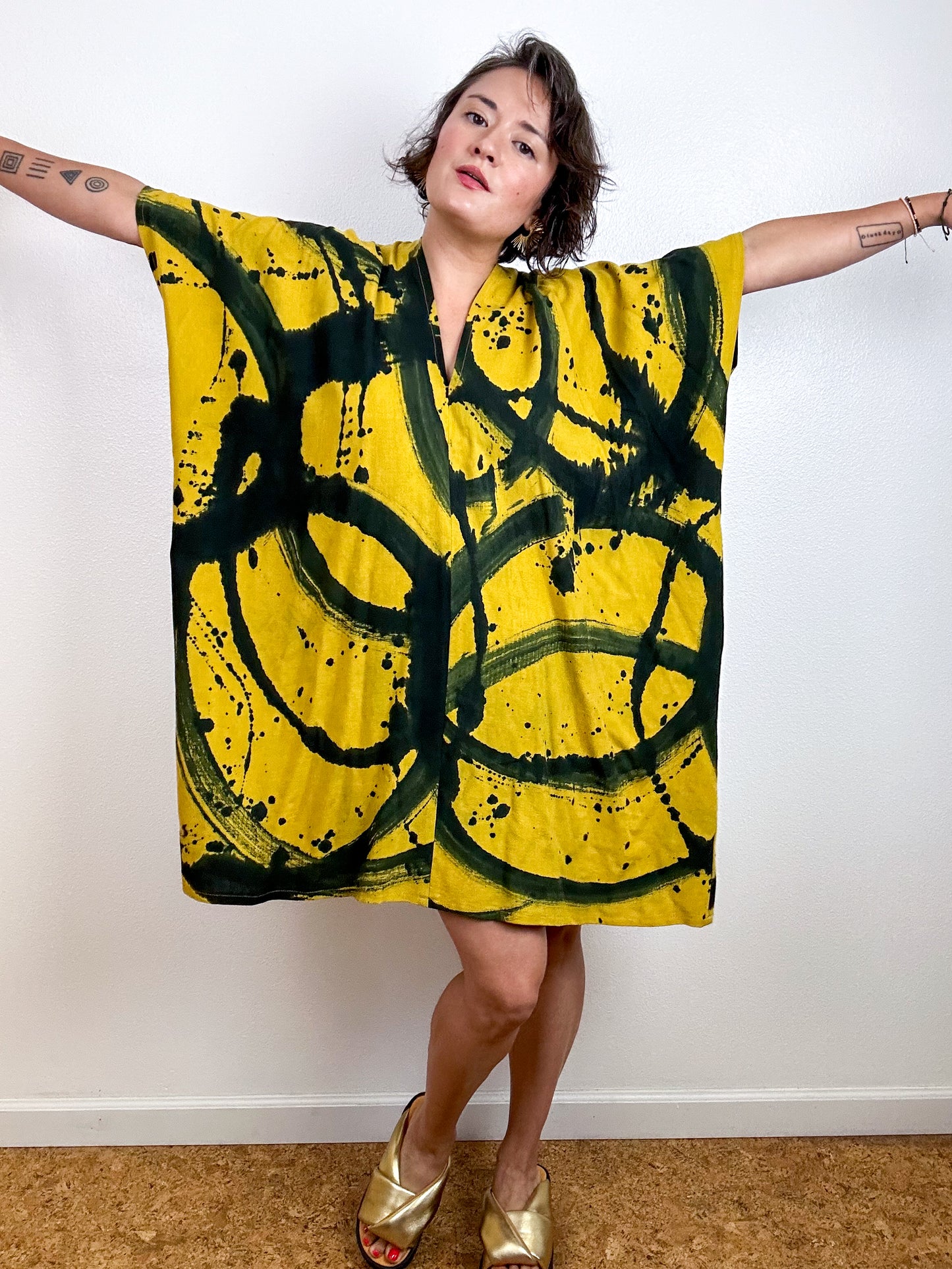Oversized Hand-Dyed Linen Blend Smock Dress Brass Sumi